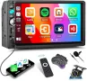 Радио за кола с двоен дин с CarPlay Android Auto CAMECHO 7-инчов сензорен екран+камера за заден ход, снимка 1