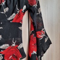 Къса прозрачна ефирна блуза с три четвърти широк ръкав, в червено-черна щаппа, снимка 9 - Корсети, бюстиета, топове - 39568471