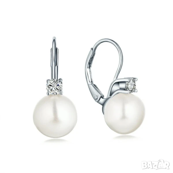 Изящни Сребърни Обеци проба 925 с Цирконий и Бяла Перла 10 мм, снимка 1