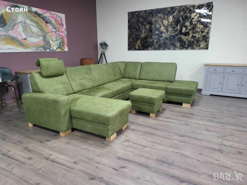 Зелен П образен ъглов диван от плат с функция сън и табуретка KS5044, снимка 1