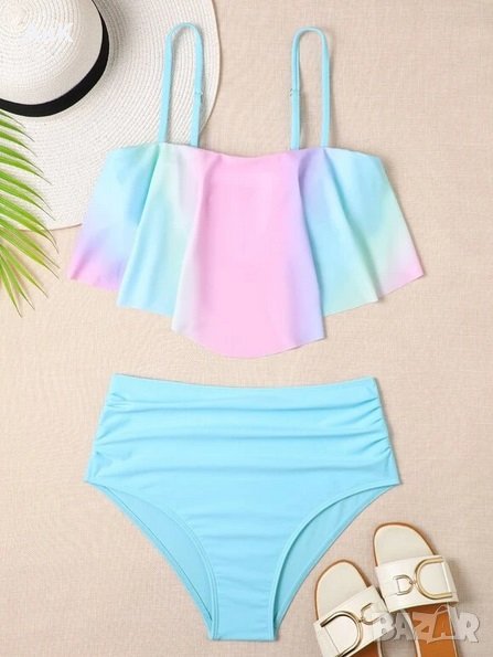 Светло син бански костюм , с цветно горнище, снимка 1