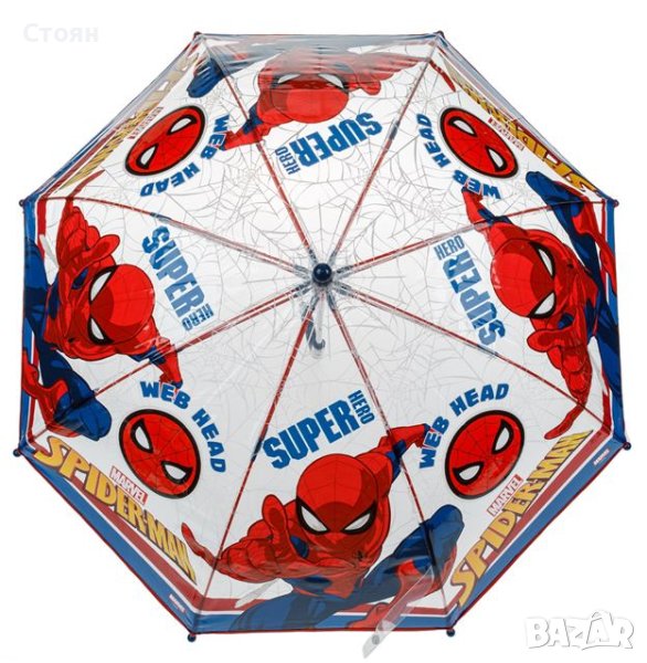 Чадър тип бастун детски ръчен прозрачен син червен Спайдърмен 64 см, снимка 1