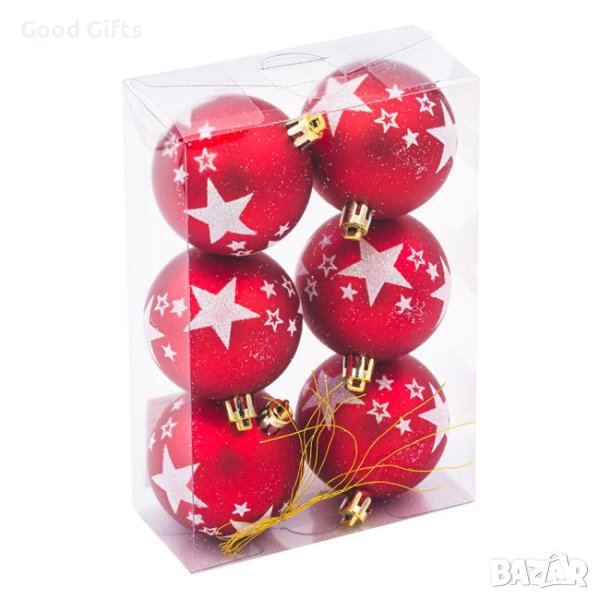 6 броя Комплект Червени коледни топки със звезда, 6см, снимка 1
