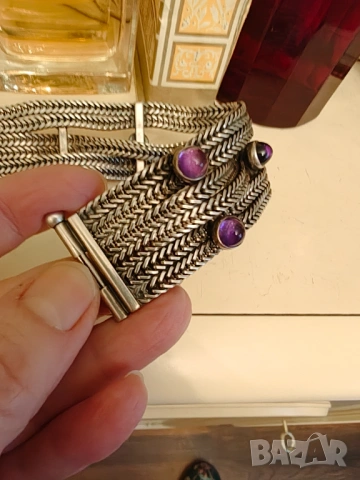Стара сребърна гривна натурален аметист , снимка 4 - Гривни - 54030547