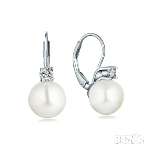 Изящни Сребърни Обеци проба 925 с Цирконий и Бяла Перла 10 мм