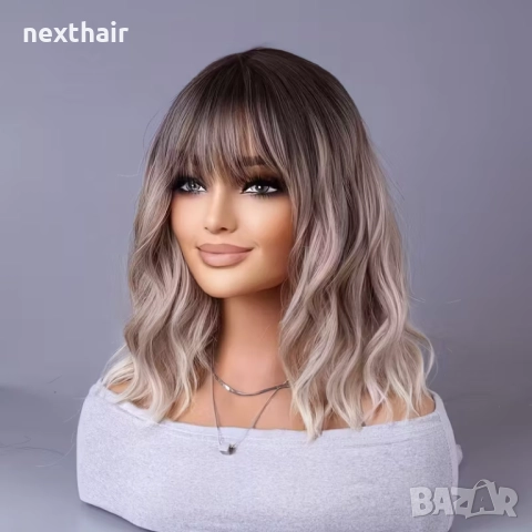 Вълнообразна руса перука с тристепенен омбре ефект и бретон, снимка 4 - Аксесоари за коса - 51820416