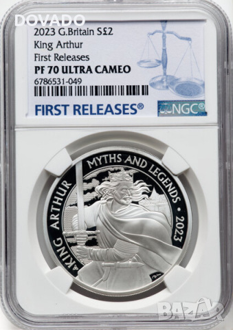 2023 King Arthur - 1oz £2 - NGC PF70 - Сребърна Монета - Серия Митове и Легенди