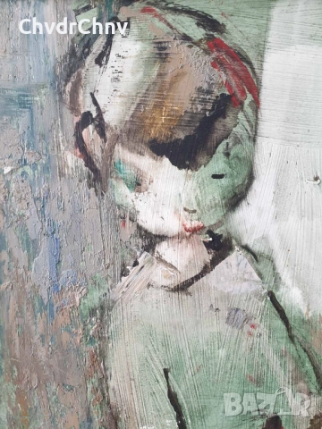 55х30см наивизъм/абстрактна стара картина масло върху фазер/момиче/дървена рамка, снимка 2 - Картини - 51432461