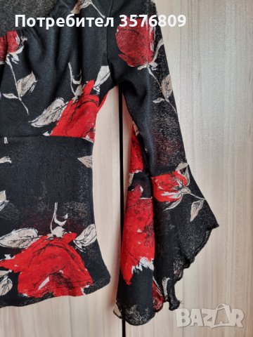 Къса прозрачна ефирна блуза с три четвърти широк ръкав, в червено-черна щаппа, снимка 9 - Корсети, бюстиета, топове - 39568471
