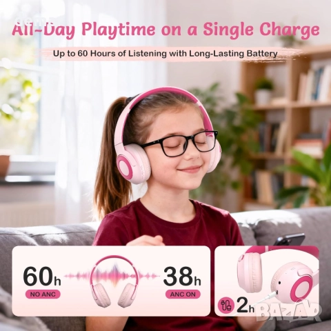 Детски безжични леки слушалки с активно шумопотискане, с калъф, розови, снимка 6 - Bluetooth слушалки - 52973250
