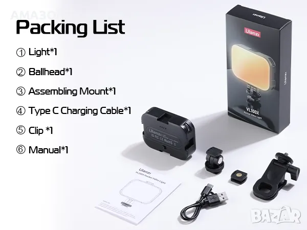 Ulanzi VL100X Двуцветна LED светлина за фото/видео/димиране 2500-6500К/2000mAh батерия , снимка 10 - Светкавици, студийно осветление - 48119302