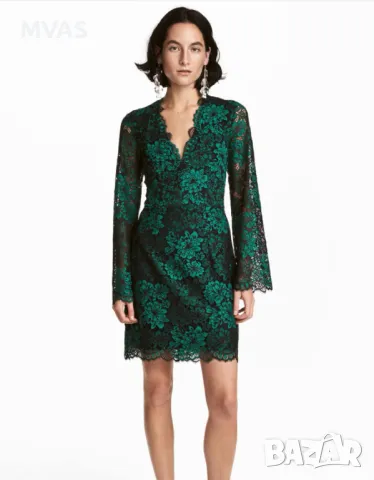 Нова рокля - 50% H&M дантелена с деколте изумрудено зелено