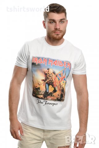 Нова мъжка тениска на музикалната група IRON MAIDEN - The trooper в бял цвят, снимка 3 - Тениски - 37697092