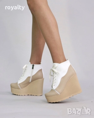 Боти на платформа - бяло с бежово кожа, снимка 2 - Дамски боти - 52163587