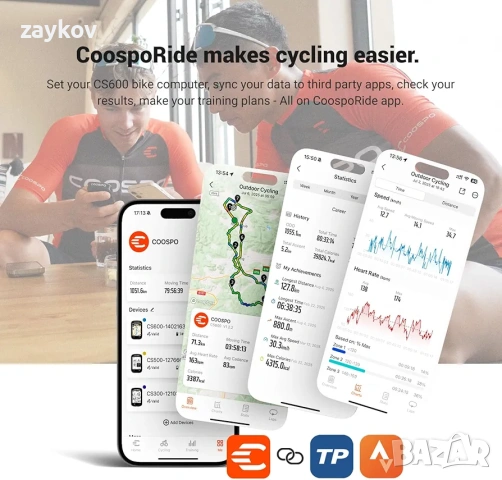 COOSPO CS600 GPS велокомпютър с цветен сензорен екран, безжичен GPS скоростомер, снимка 4 - Аксесоари за велосипеди - 53976843