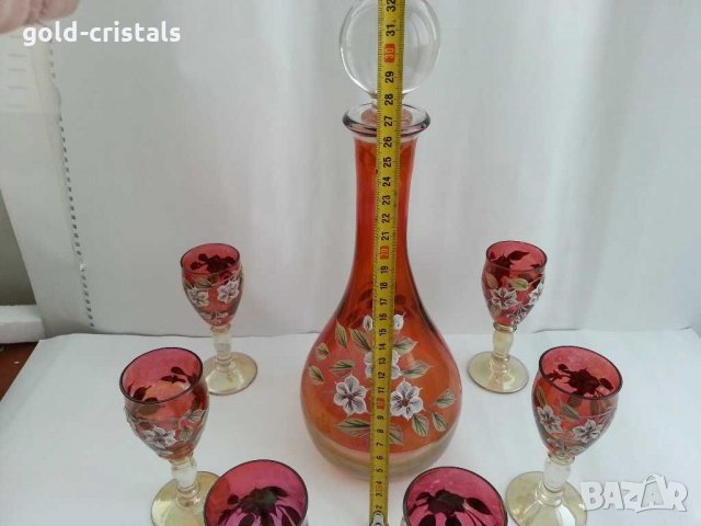 Кристални чаши и гарафа Бохемия рисувани цветно стъкло, снимка 5 - Антикварни и старинни предмети - 31273543