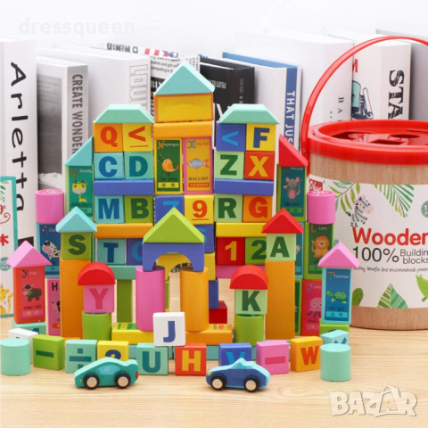 4124 Комплект от 50 части цветни дървени блокчета конструктор с кофа за съхранение, снимка 11 - Конструктори - 44614596