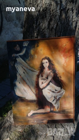 Стара картина с маслени бои върху платно , " Видение " 