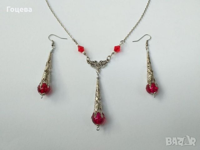 Разкошен Викториански комплект колие и обеци с рубинено червени кракъл мъниста и изящни орнаменти, снимка 11 - Бижутерийни комплекти - 29920816