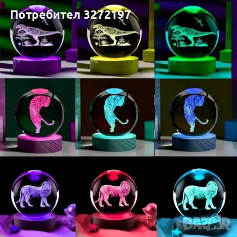 LED Светеща кристална топка/лампа, 3D сензорна - ЛЪВ, снимка 4 - Настолни лампи - 47972349