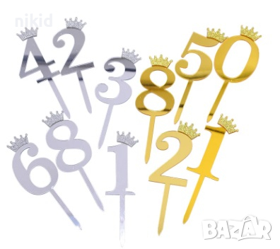1бр 0-9 Златна сребриста цифра число с корона Акрил пластмаса топер торта мъфин украса рожден ден, снимка 1 - Други - 27606308
