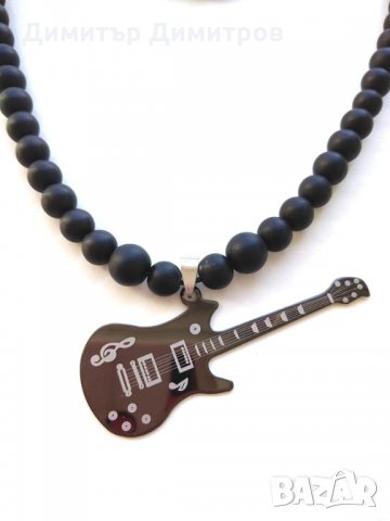 Мъжки комплекти колие и гривна с китара от стомана и оникс.  Бижута Луди гъби.