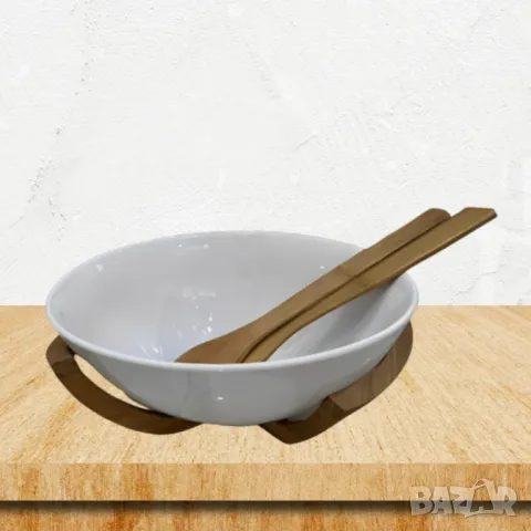Луксозен комплект за салата с керамична купа и дървени аксесоари, снимка 2 - Други стоки за дома - 49860028