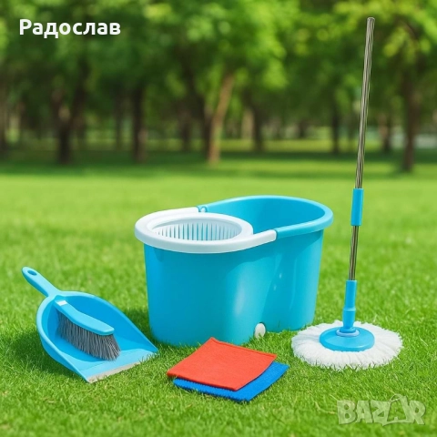 Комплект за почистване, включващ кофа с центрофуга за изцеждане, моп с кръгла глава., снимка 2 - Други стоки за дома - 51683919