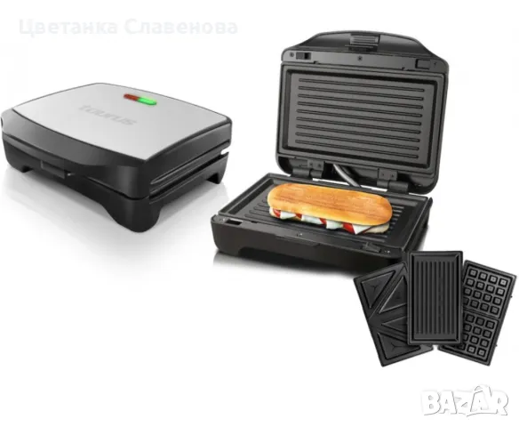 Сандвич тостер Taurus Miami Premium, 900W, Сменяеми плочи, LED функция,Вертикално съхранение, Инокс