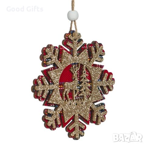 5 броя Дървени коледни висулки за елха, Снежинка с елен и елха, 10см, снимка 3 - Декорация за дома - 42700113