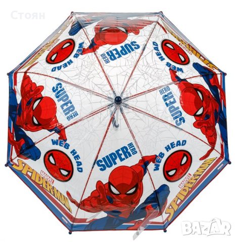 Чадър тип бастун детски ръчен прозрачен син червен Спайдърмен 64 см