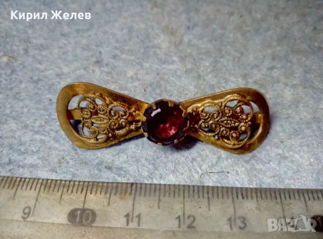 СТАРИННА ФИЛИГРАННА БРОНЗОВА СКЪПОЦЕННА БРОШКА - ПАНДЕЛКА с ФАСЕТИРАН АМЕТИСТ 48884, снимка 7 - Антикварни и старинни предмети - 48160523
