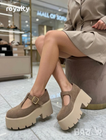 Обувки на платформа - светлокафяв велур