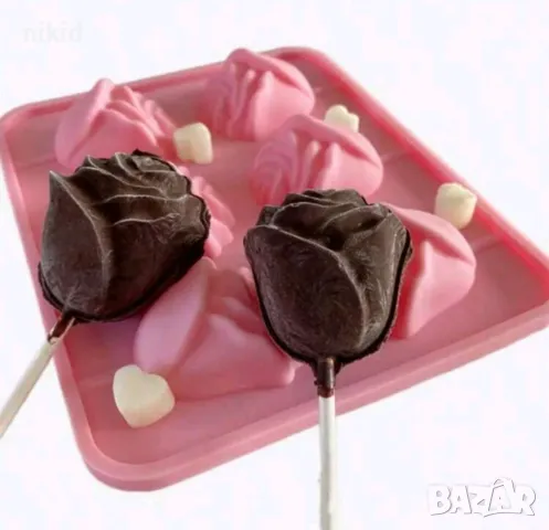 6 3d Роза рози силиконов молд за направа клечки с шоколад pops cakes Lollipop Pop Cake Попскейк, снимка 2 - Форми - 48327192