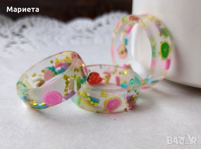 Цветен пръстен с плодчета и пръчици Сладък пръстен Пръстен от смола Ръчна Изработка , снимка 6 - Пръстени - 31575049