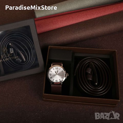 Подаръчен комплект Колан в черен цвят заедно с часовник кафяв/черен, снимка 2 - Бижутерийни комплекти - 44373542