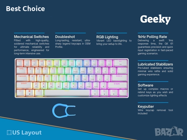 Гейминг RGB клавиатура Geeky GK61 SE 60, снимка 3 - Клавиатури и мишки - 52817907