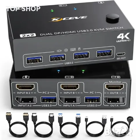 KCEVE DP HDMI USB 3.0 KVM превключвател 2 компютъра 2 монитора, два монитора Displayport KVM