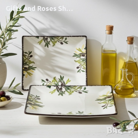 Изящна чиния с квадратна форма, декор с маслини - керамика 