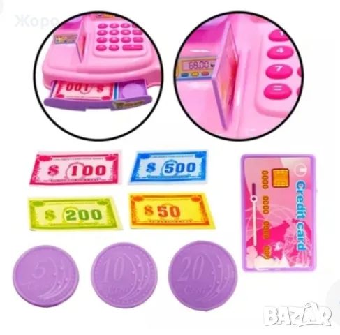 Детски касов апарат с продукти и пари с звук и светлина розов 154922, снимка 6 - Образователни игри - 47608098