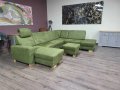 Зелен П образен ъглов диван от плат с функция сън и табуретка KS5044, снимка 1 - Дивани и мека мебел - 44245179