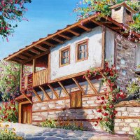 Стари къщи | Пролетен пейзаж от България, снимка 1 - Картини - 44293276