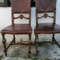 Ретро дървени столове с дърворезба и кожена седалка и облегалка , снимка 4 - Столове - 44684909