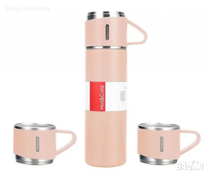 Подаръчен комплект термос с 3 чаши, зелен, розов, сив
, снимка 1