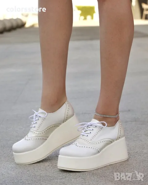 Обувки на платформа - бяла кожа - 450-L, снимка 1