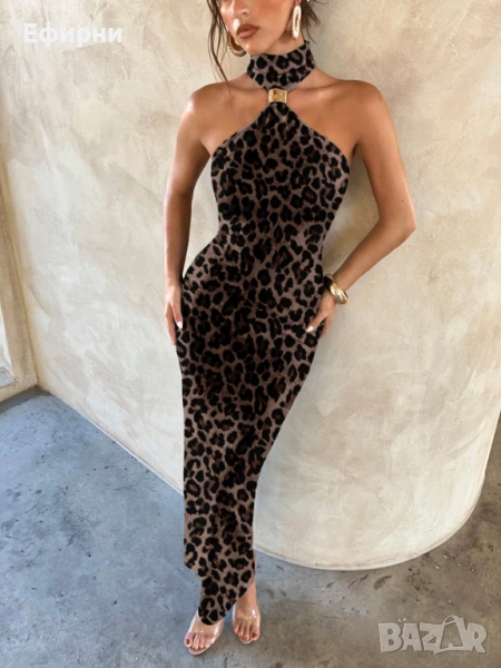 Дълга рокля по тялото, Секси черна рокля, Рокля гепард принт,  Секси рокля, снимка 1