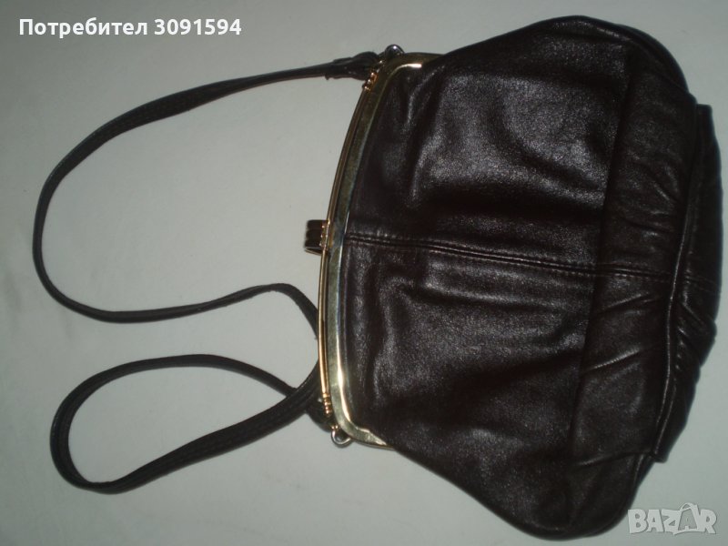 Антична кожена чанта Метална закопчалка и единична  дръжка Английска тъмно кафяв цвят  , снимка 1