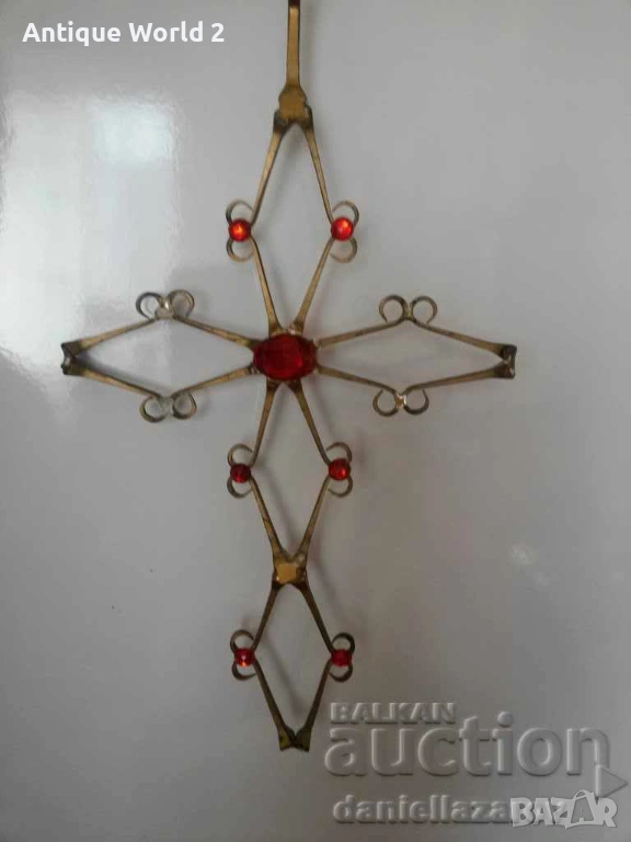 Стар Голям Бронзов Висящ Църковен КРЪСТ с Камъни, снимка 1