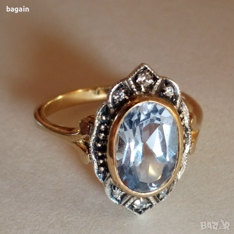 Сребърен пръстен с аквамарин и позлата., снимка 1