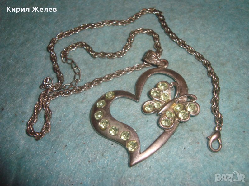 СЪРЦЕВИДЕН с ПЕПЕРУДКА АРТ ЛЮБОВЕН МЕДАЛЬОН с КРИСТАЛЧЕТА и КРАСИВА ВЕРИЖКА РЕТРО ПЛЕТКА 8899, снимка 1
